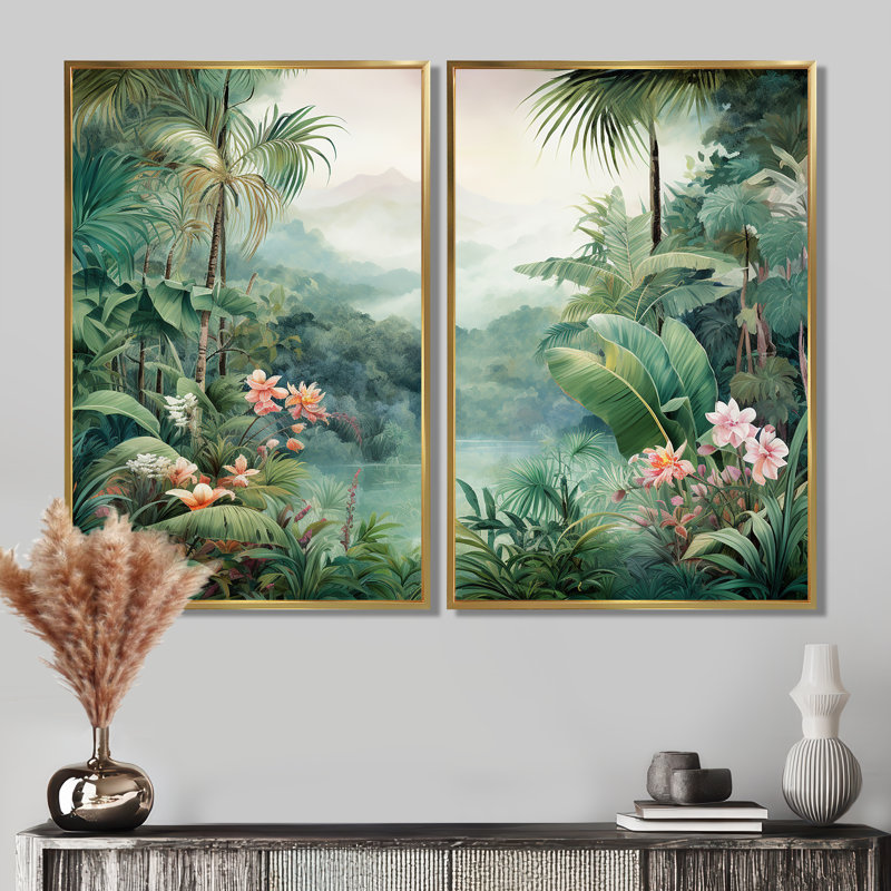 Art tropical, jungle tropicale, Impression encadrée flottante, H 36 po x l 48 po, Doré