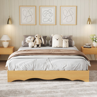 Minimalist Wave Design Wooden Platform Bed Frame – Low Profile Floor Bed, Sturdy Slats, Noise-Free, No Headboard, No Box Spring Needed, Easy Assembly, Full Size, Pine