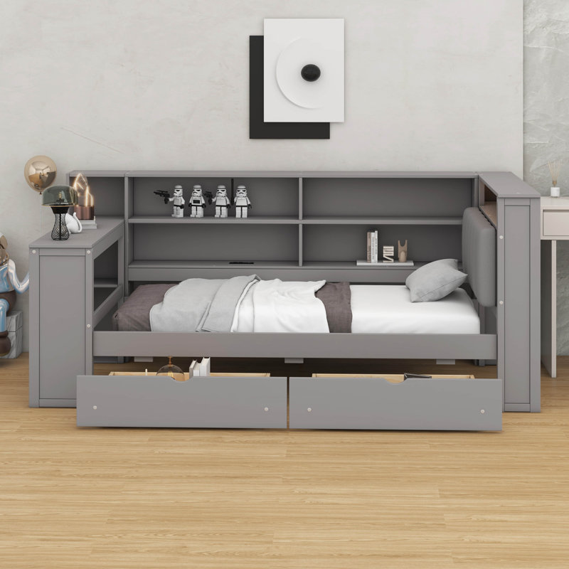 Wood Platform Bed – Storage Shelves, Drawers, Charging Station, LED, Desk & Upholstered Headboard Included, Gray, Twin