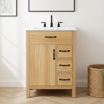 Meuble-lavabo 24 po avec lavabo en céramique, armoire en panneau de fibres à densité moyenne, pieds en bois massif, 3 tiroirs et support de porte