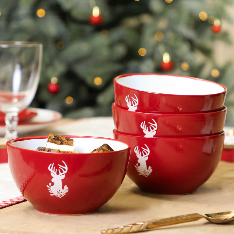 Set Of 4 Red Stag Stoneware Christmas Bowls, Red