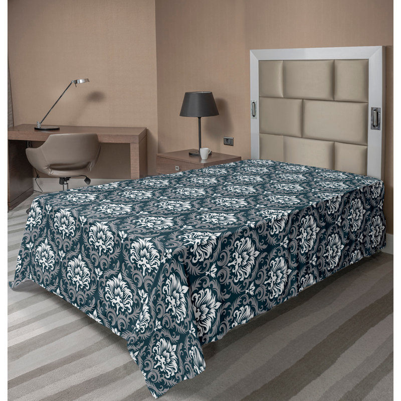 Ambesonne Top Flat Sheet Curving Art, Gray White Damask, Twin XL Flat Sheet