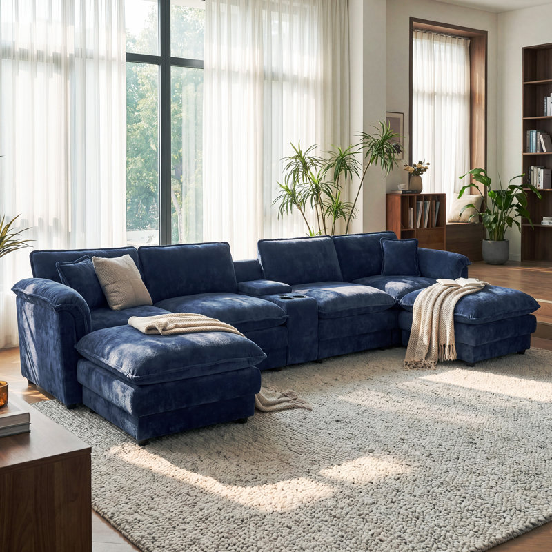 151.5"W U-Shaped Sectional With Console & Cup Holders, Blue Chenille