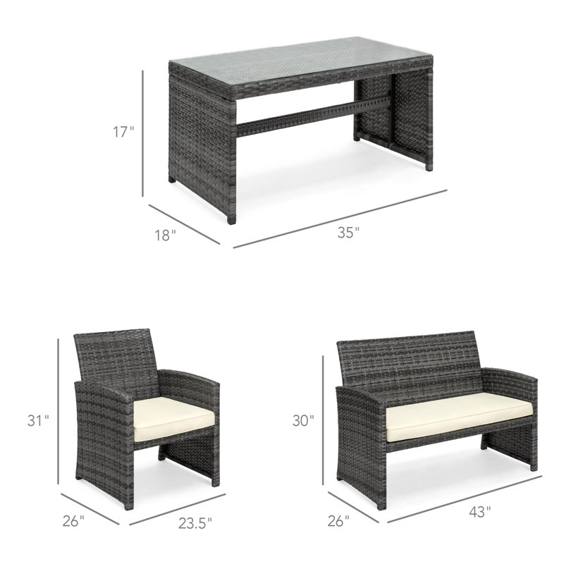 4-Piece Outdoor Wicker Patio Conversation Furniture Set w/ Table, Cushions, Cream/Gray