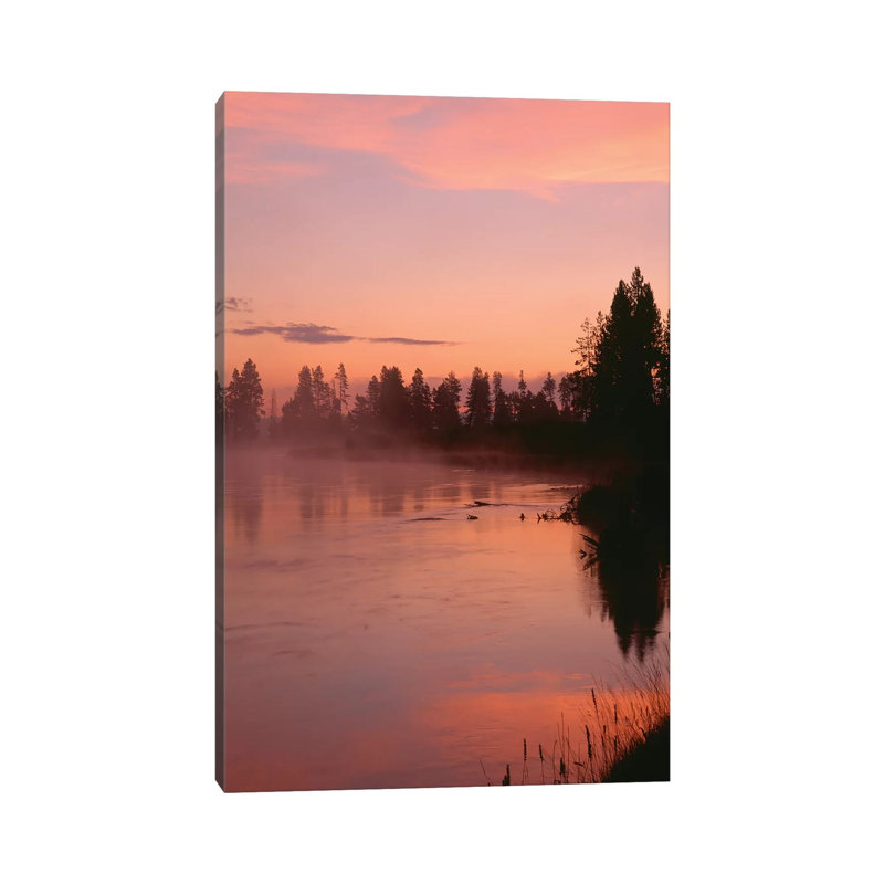 USA, Oregon, Deschutes National Forest. Fog Hovers Above The Deschutes River At Sunrise. by John Barger - Wrapped Canvas Print