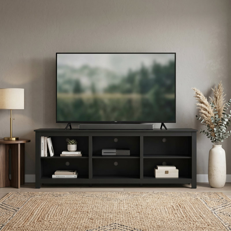 Inniss 70.1'' W Wooden TV Stand for TVs up to 75" With Open Shelves and Cable Management, Black