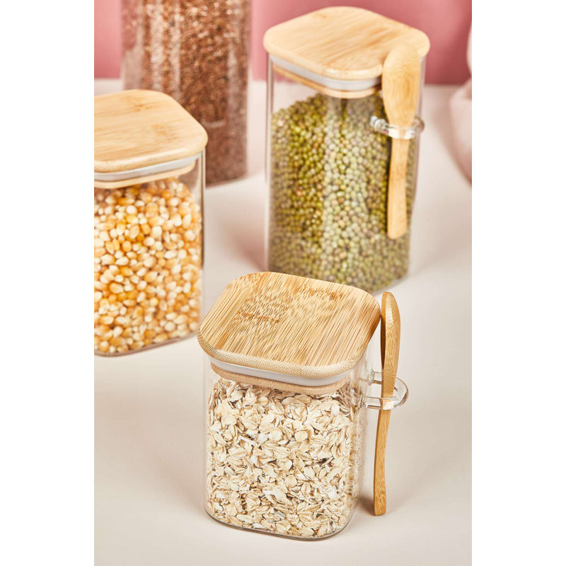 12-Piece Glass Storage Jar Set with Bamboo Lids & Spoons, Transparent | Includes 4 Jars: 3.9 x 3.1 in, 4.7 x 3.1 in, 5.9 x 3.1 in, 7.1 x 3.1 in | Perfect for Kitchen Organization, Elegant Design, BPA-Free, Not Microwave or Dishwasher Safe