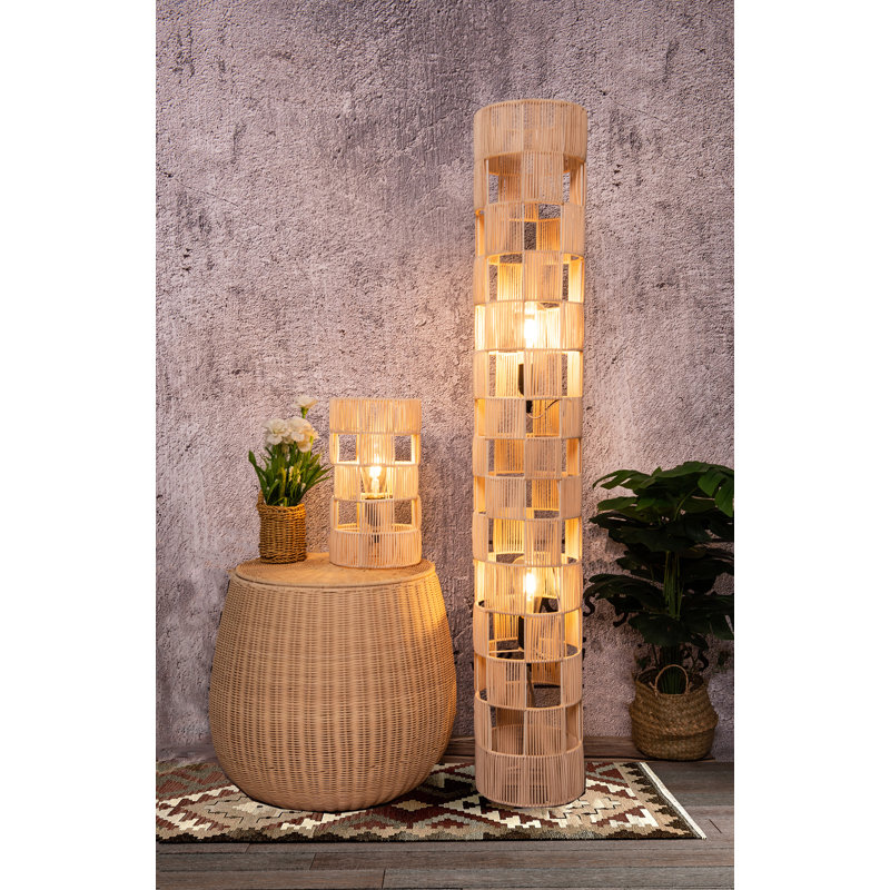 Sucher 47 in. Brass Finish Boho 2-Light Dimmable Standard Floor Lamp Living Room with Modern Natural Rattan Round Shade