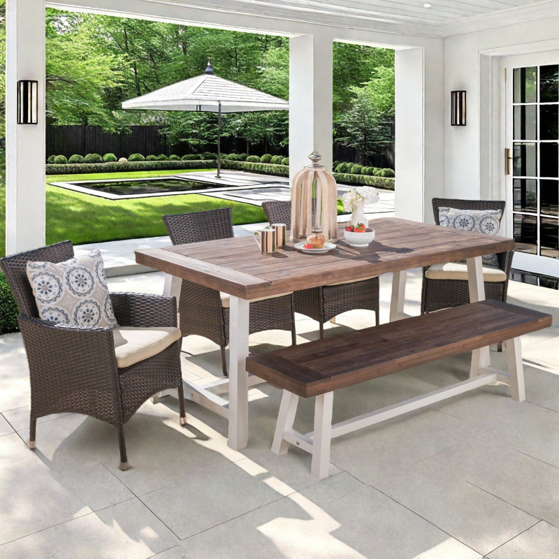 Lebo 6 - Person Acacia Wicker Patio Dining Set with Rectangular Table, Dark Brown/White