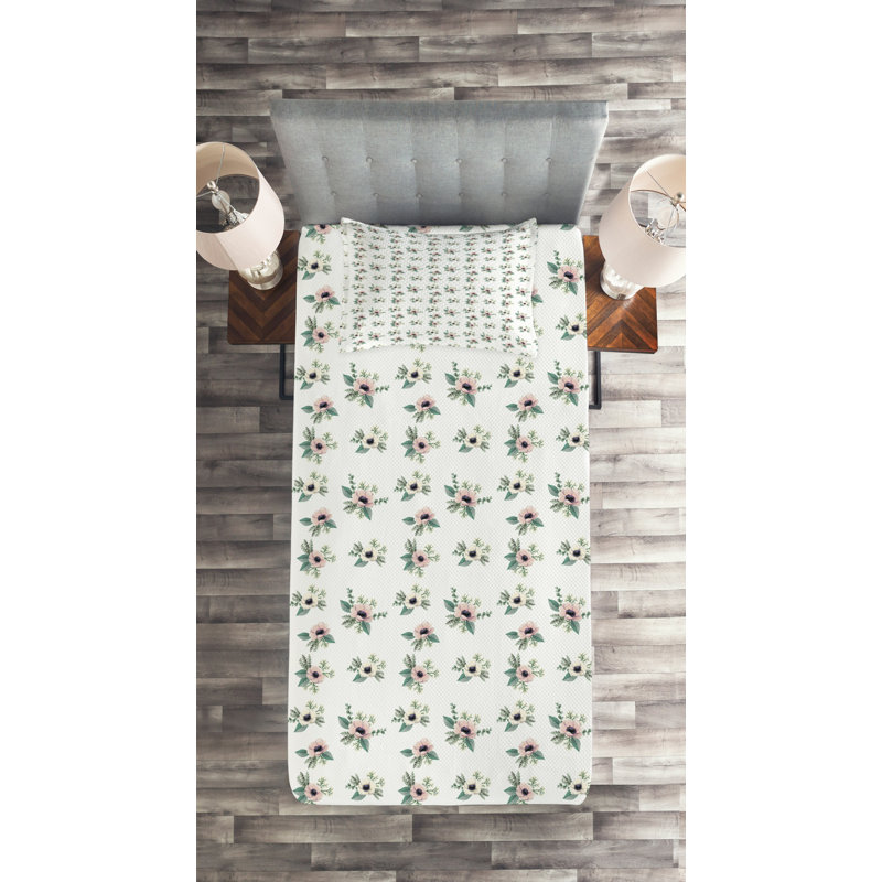 Polyester Floral Coverlet, Twin Bedspread + 1 Sham, Gray Floral