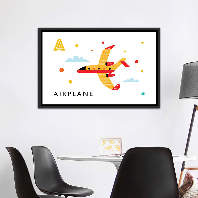 A is for air plane - impression d'art graphique, H 40 po x l 60 po x 1,5 po, Toile avec cadre noir patiné, Pas de tapis