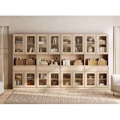 Modern 72" Tall Bookshelf with Glass Doors, Drawers & Adjustable Shelves, Closed Storage Cabinet and Glass Display Shelves, Wooden Bookcase for Home O