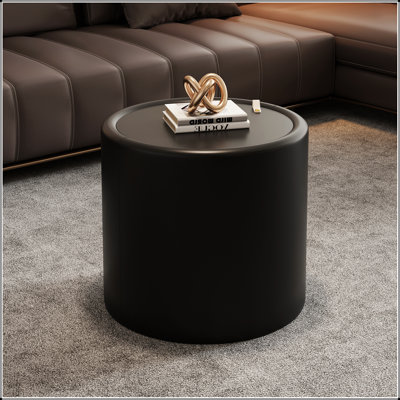 Table basse ronde avec plateau en verre trempé, corps en cuir PU et rangement caché pour le salon, table d'appoint moderne
