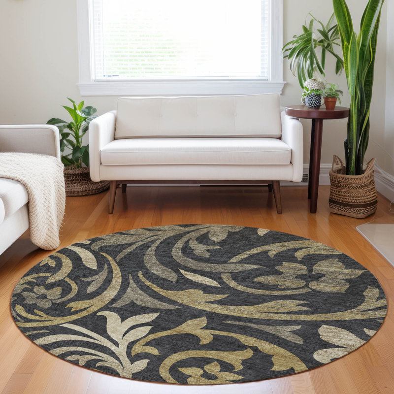 Premium Machine Washable Prisco Black Rug, Round 8'