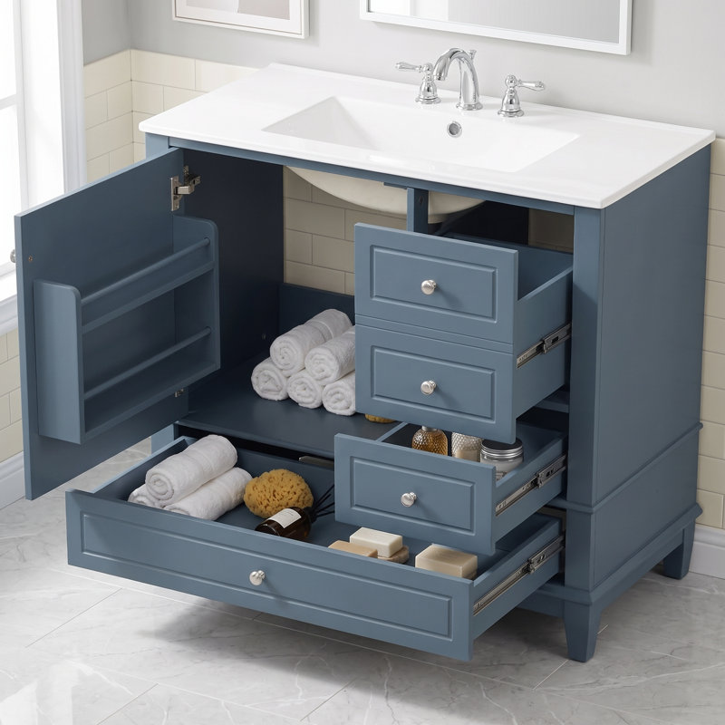 Meuble-lavabo autoportant de 91 cm (36 po) en bois massif et MDF, couleur gris-bleu, avec lavabo en céramique intégré et rangements.