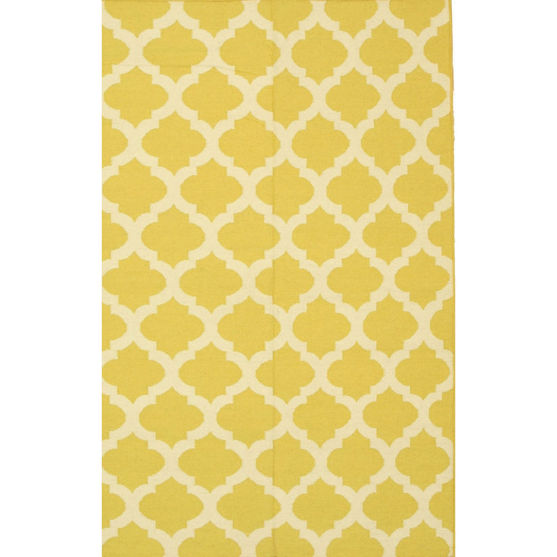Flatweave Wool Geometric Area Rug, Gold/Orange/Yellow, Rectangle 5' x 8'
