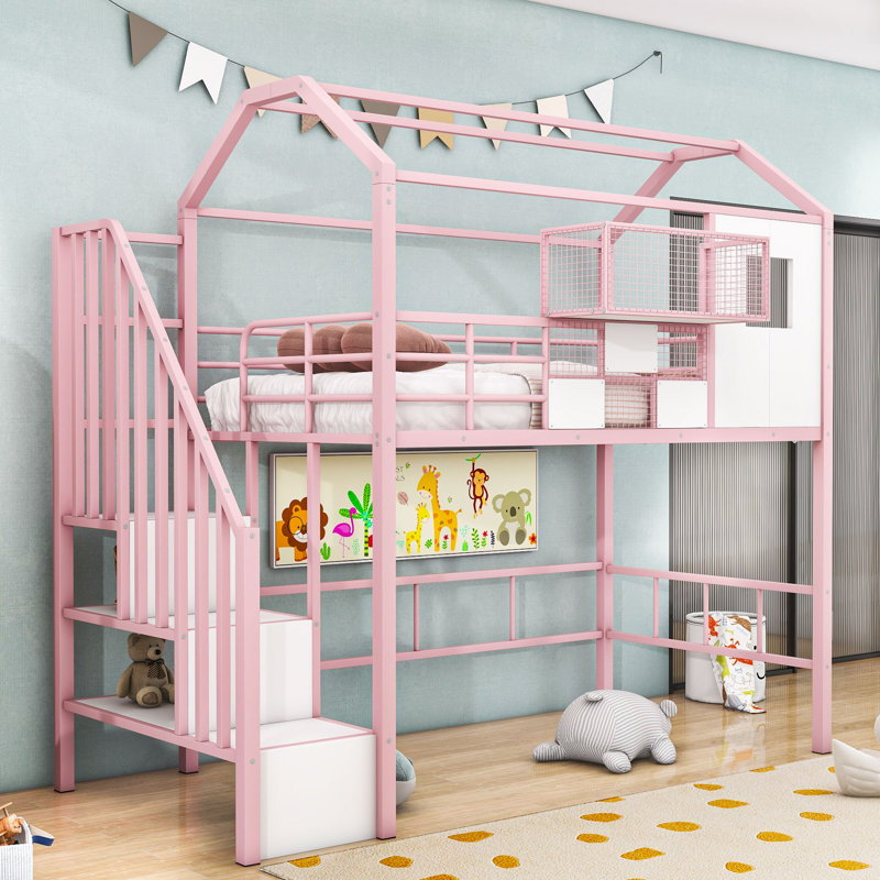 Twin Metal Loft Bed With Roof Design, Convenient Storage Case And Staircases, Pink