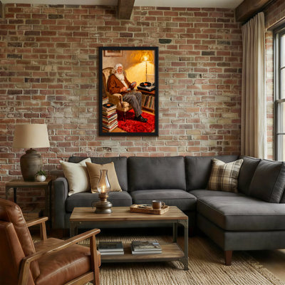 Christmas Old Man Listening To Music With Records
