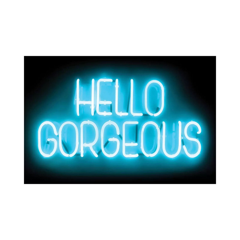 Neon Hello Gorgeous Aquaon Black by Hailey Carr - Wrapped Canvas Print, 20.32 cm H x 30.48 cm W
