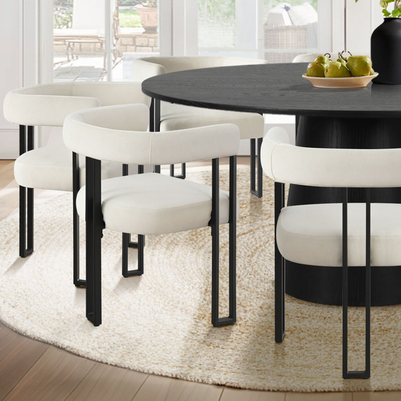 7-Piece 60" W Round Dining Set with Velvet Chairs, Beige