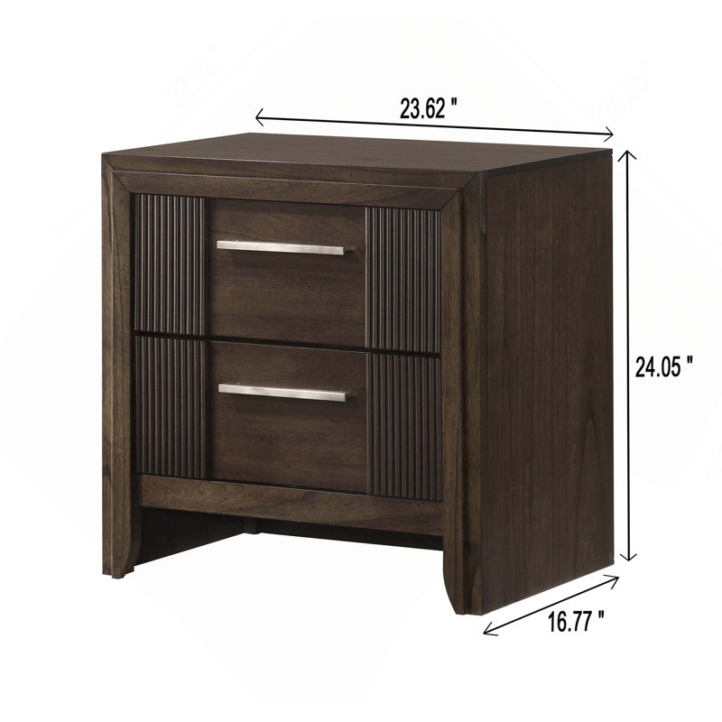 1Pc Contemporary Wooden 2-Drawer Bedroom Nightstand, Brown