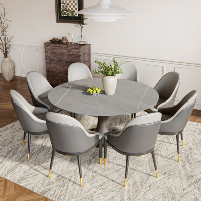 Light Gray Sintered Stone Solid Wood Dining Table Set With 4/6/8 Gray Upholstery Chairs