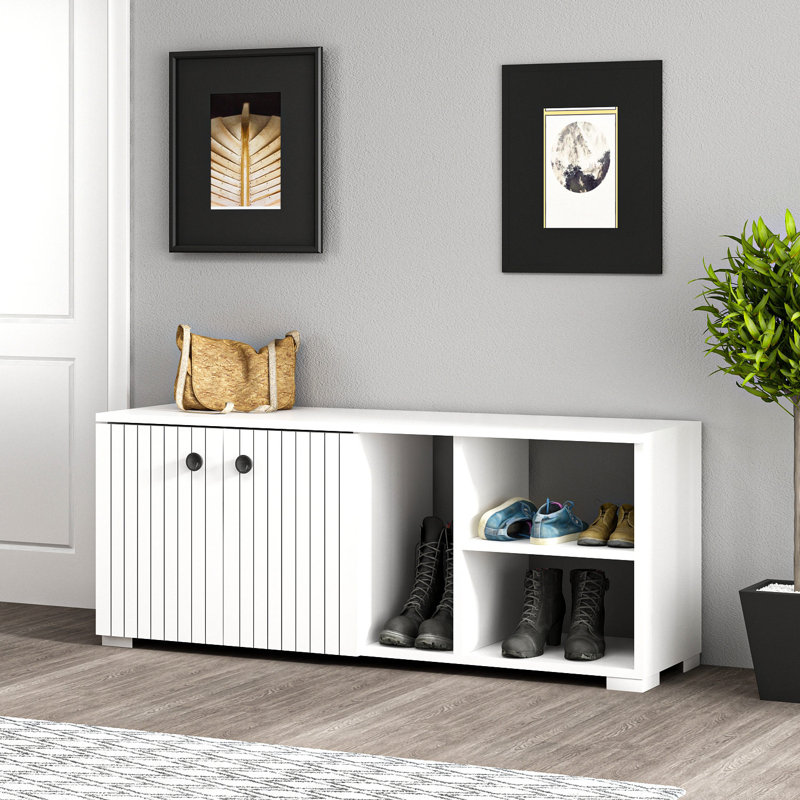 Modern Shoe Cabinet, White, 47.2 x 20.3 x 12.4 inches | 100% Melamine Coated Particle Board, Thickness: 0.7 inches | Stylish Striped Design, Space-Saving Storage Solution for Entryway & Hallway