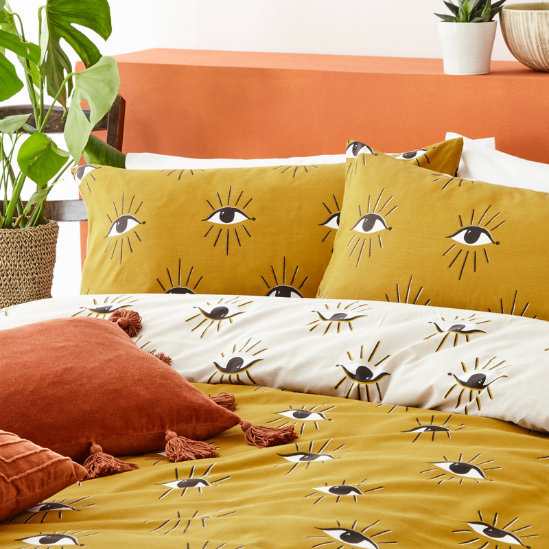Cotton Blend Abstract Duvet Cover Set with Pillowcases, Ochre, King Duvet Cover
