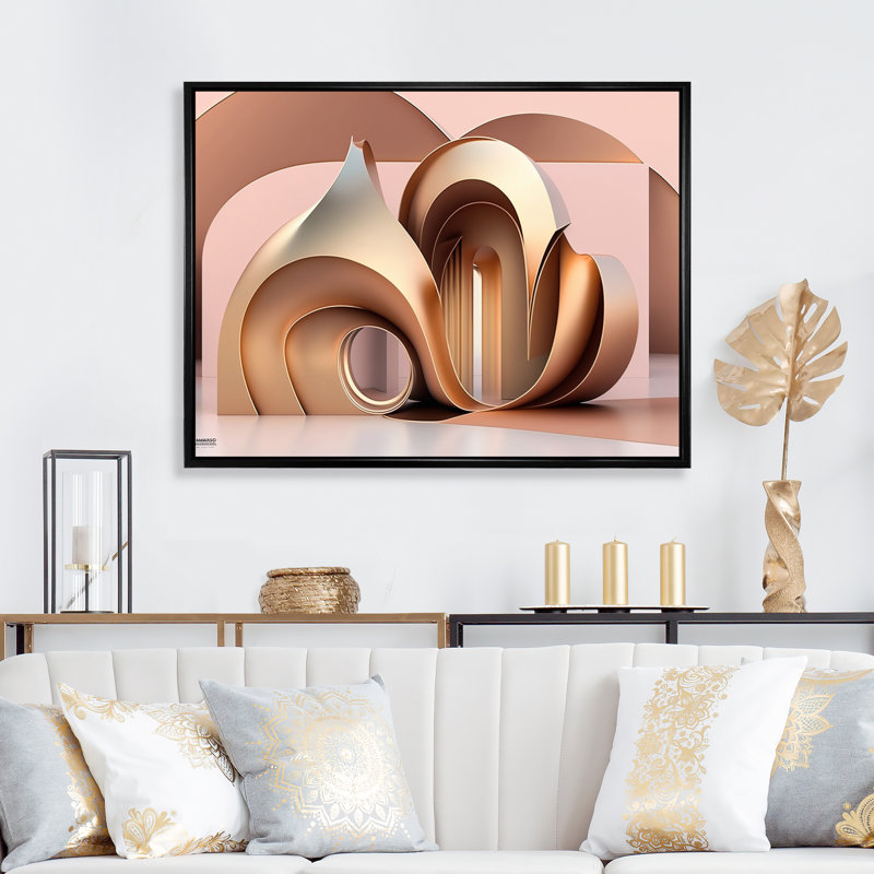 "Architecture of the future" rose et or sur toile, Cadre flottant noir, 16" H x 32" W
