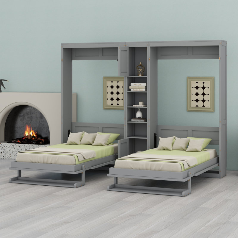 Dual Wall Murphy Beds With Cabinets And Shelves, Grey