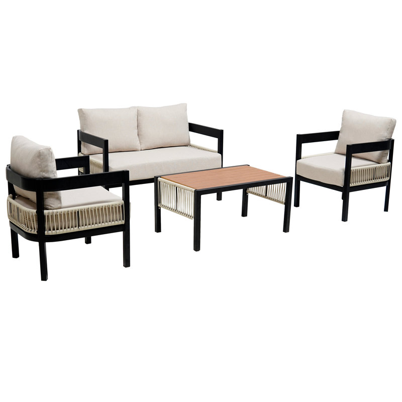 Multi-Person Outdoor Iron Sofa Set With A Table, Rattan Decoration, Waterproof, Rust-Proof, Suitable For Garden, Lawn Use
