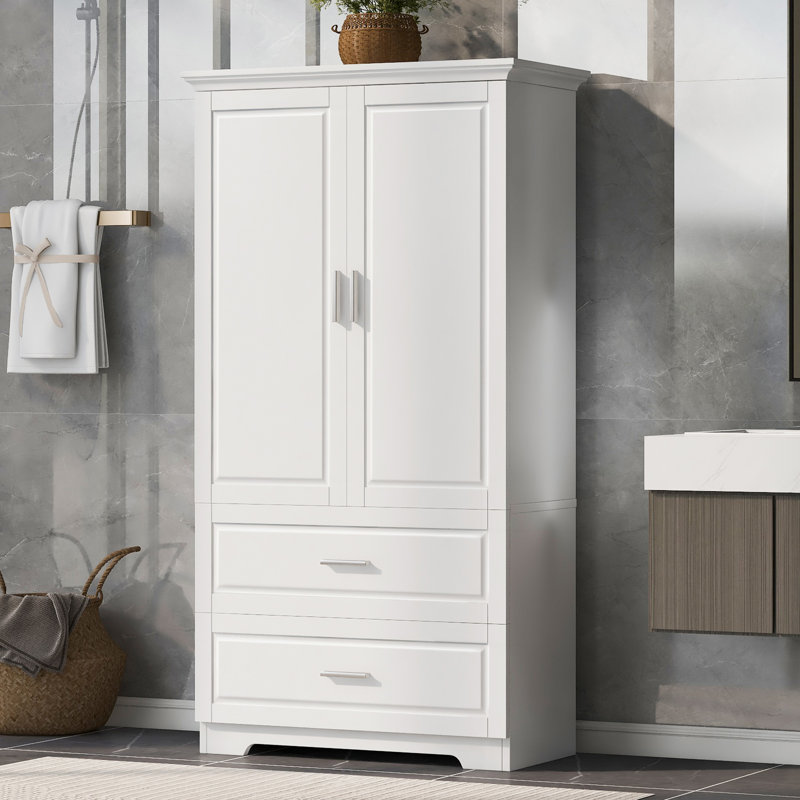 Armoire de rangement haute pour salle de bain, armoire avec deux portes et tiroirs, tablette réglable, panneau de fibres à densité moyenne