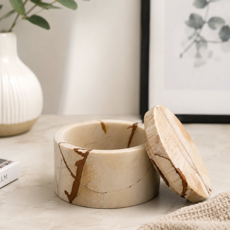 Round Marble Keepsake Box - Teak