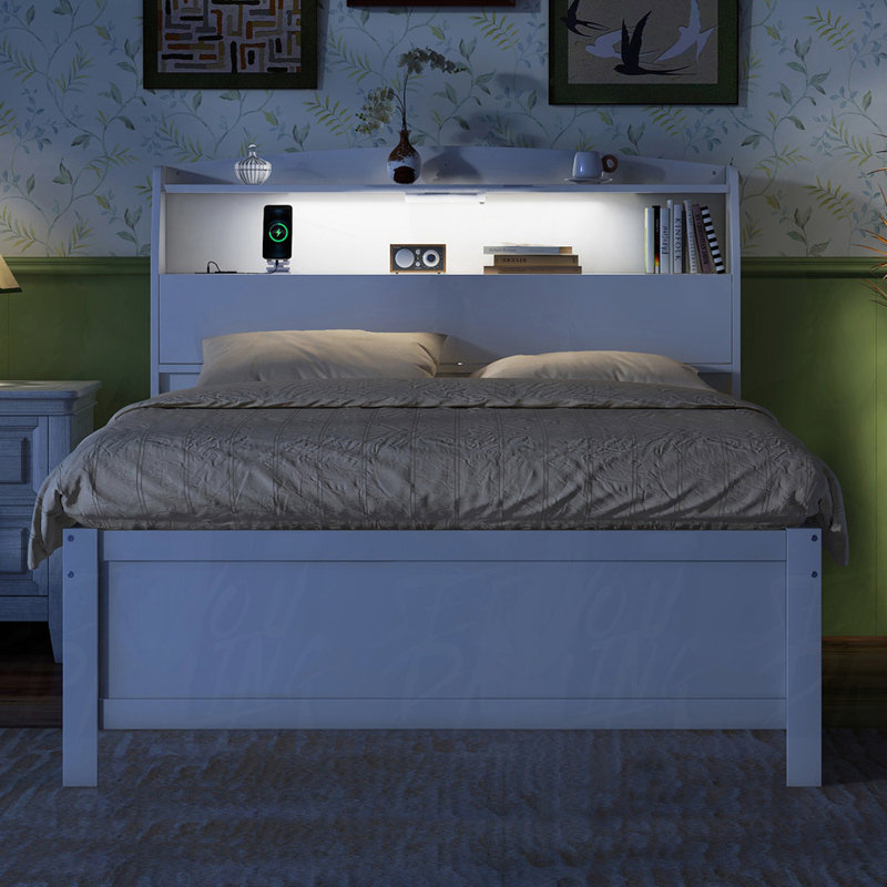 Lit plateforme avec rangement et tiroirs, Double, Blanc