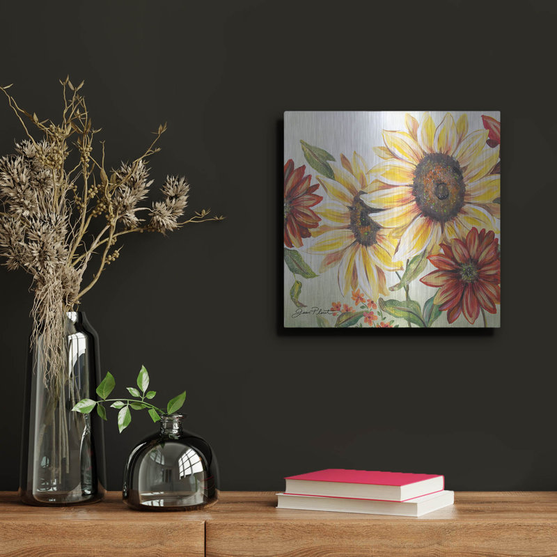 Art mural en métal luxueux «Sunflower Joy A» par Jean Plout, 12 po x 12 po, 12 po x 12 po
