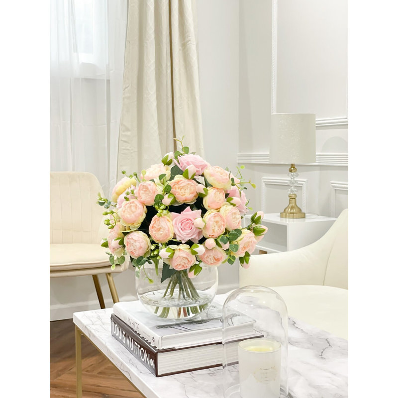 X-Large Pink Rose Peony Centerpiece – Modern Silk Arrangement, Pink