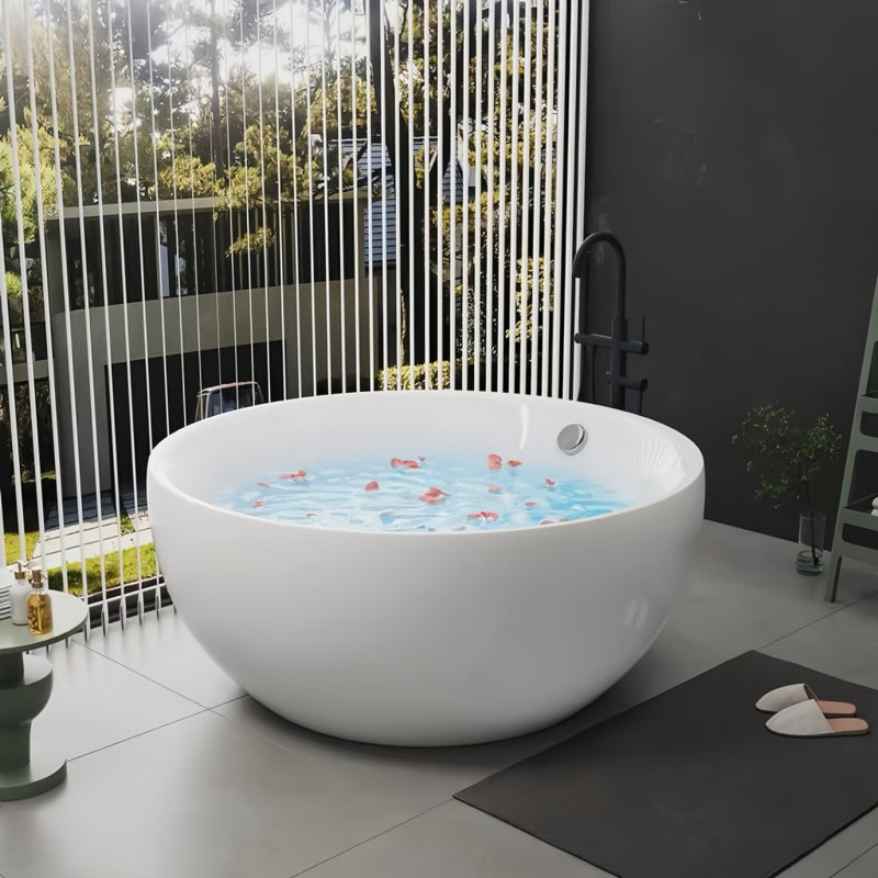 Modern Simple Acrylic White Round Bathtub 59.06'' W 25.59'' H Frameless Round Tub & Shower Kit