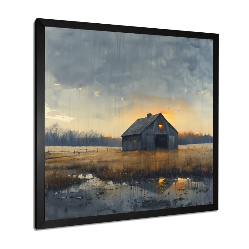 «Yellow Autumn Barn Golden Hour IV», reproduction d'art mural grange, Toile encadrée noire simple, H 16 po x l 16 po x P 1 po