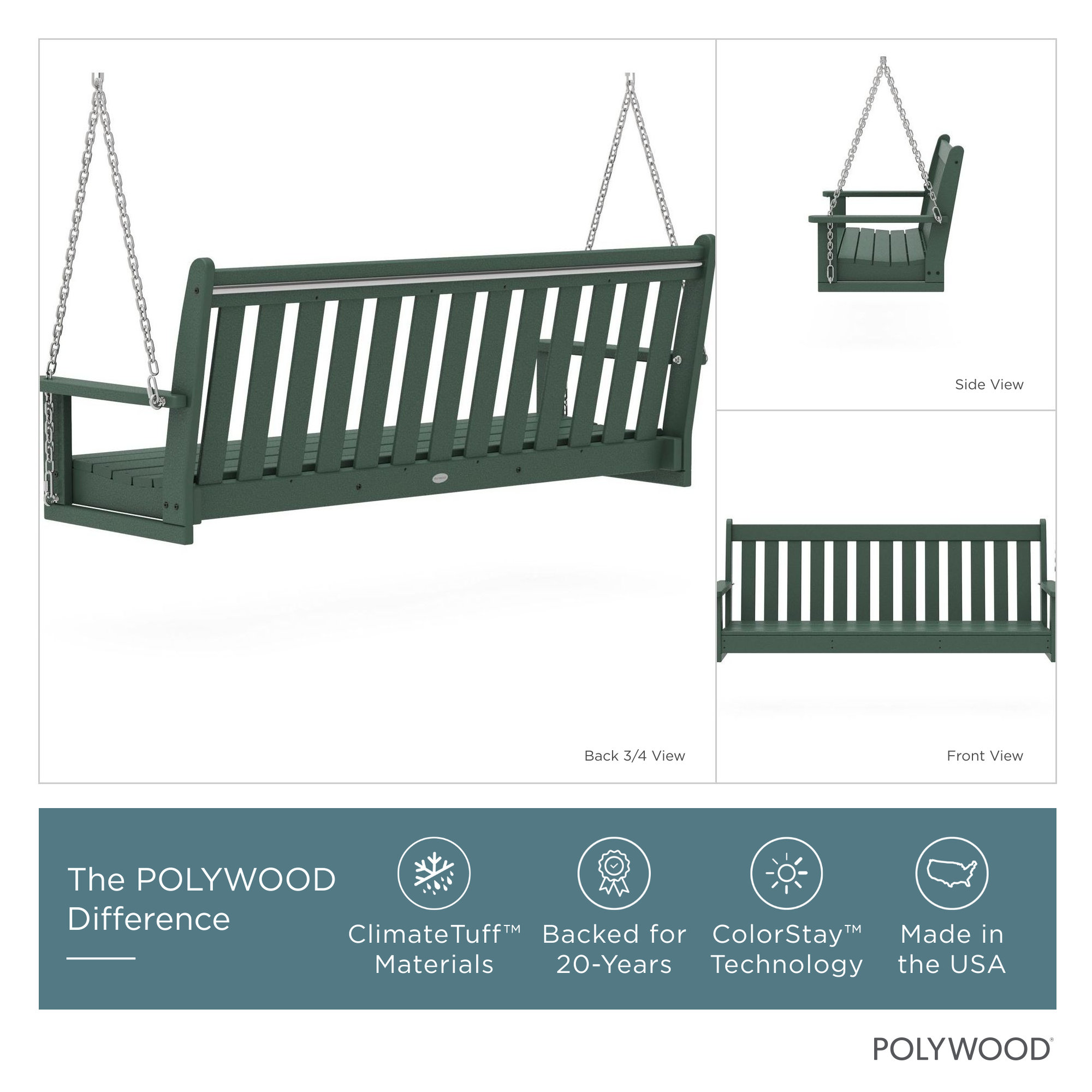 POLYWOOD Vineyard 60.5" Porch Swing, Green