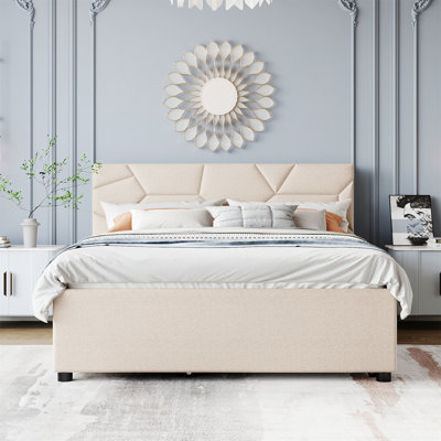 Queen Size Upholstered Platform Bed With Brick Pattern Headboard, With Twin XL Size Trundle And 2 Drawers, Linen Fabric -  STYLISH, OKKK612-SF000234AAA