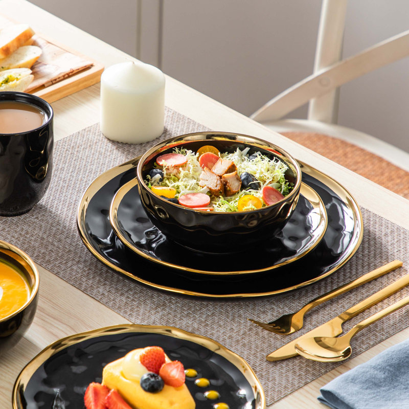 Colour Piece Handmade Ceramic Dinnerware Set - Service for 4, Black/Gold