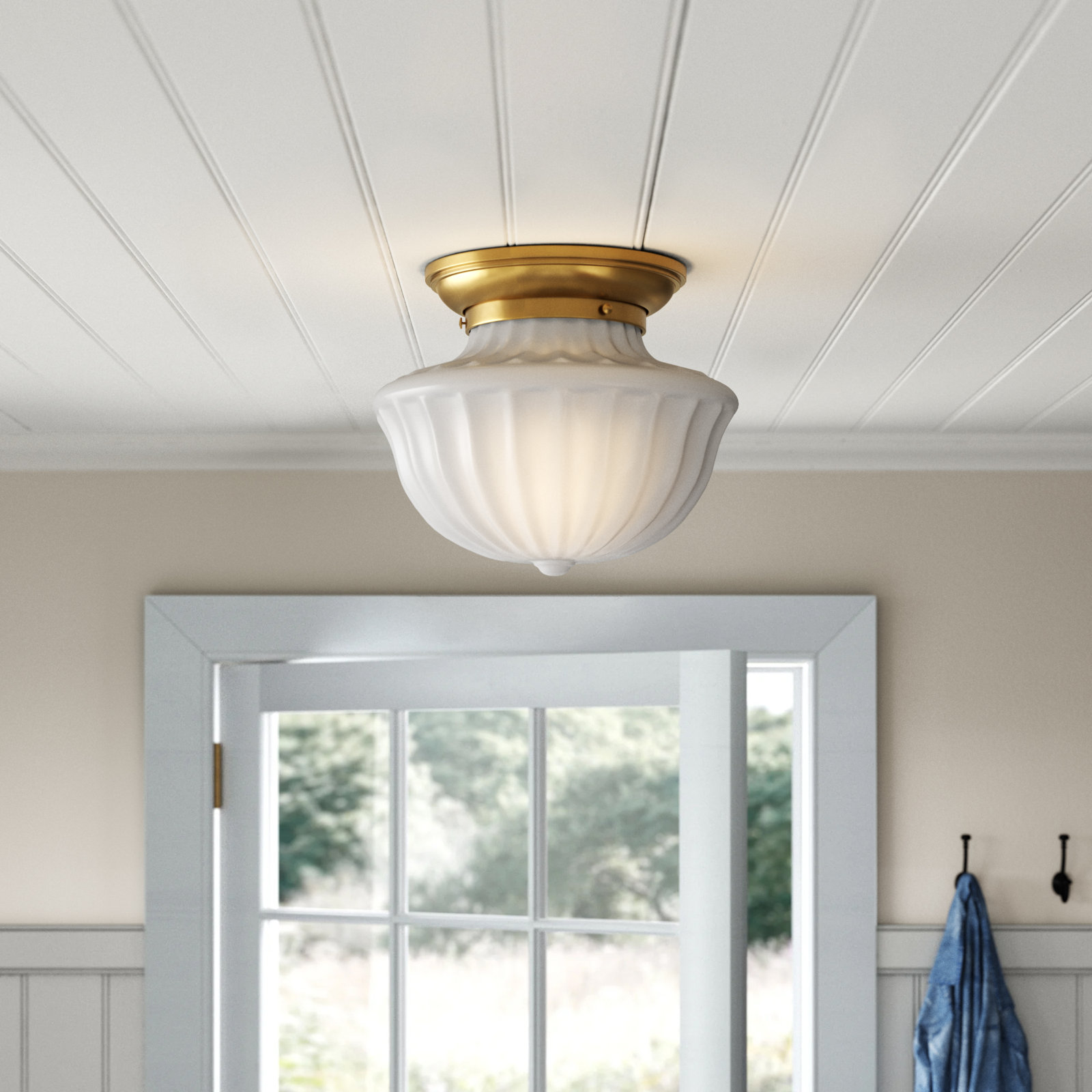 Maisie Single Light Glass Semi Flush Mount, Aged Brass, 10" H x 12" W