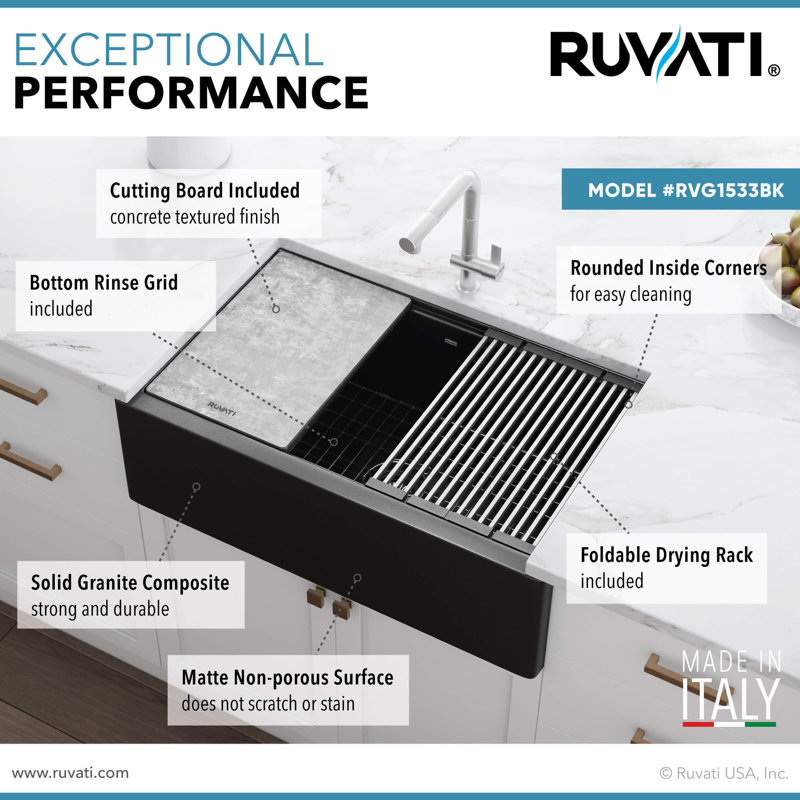 Ruvati 33-inch Matte Black Farmhouse Granite Composite Quartz Workstation Apron-front Kitchen Sink -, Midnight Black