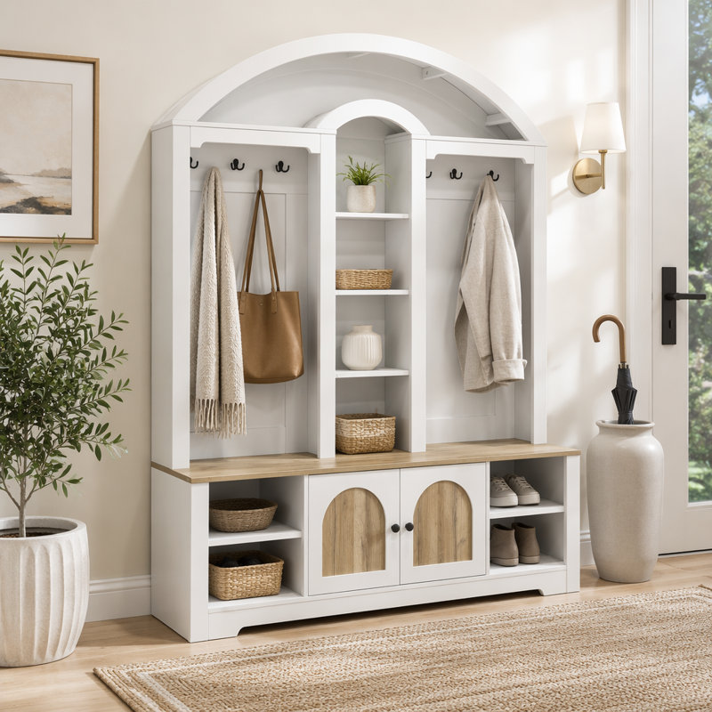 Armoire / vestibule multifonctionnelle, vestibule, Blanc + noyer