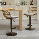 Modern Fabric Upholstered Height Adjustable Rattan Swivel Barstools With Vintage Round Base, Set Of 2