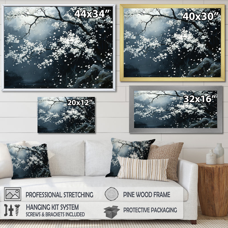 Arbre blanc et noir en fleurs - Tachisme, Cadre d'angle fermé noir, H 12 po x l 20 po x P 1 po