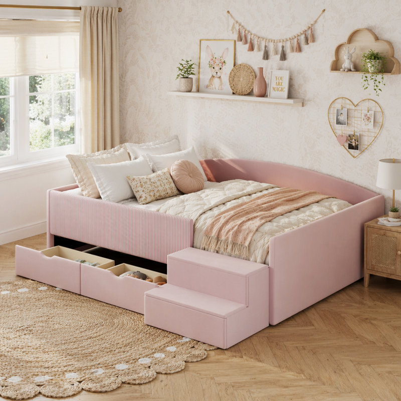Structure de lit double rembourrée pleine grandeur avec 2 tiroirs de rangement, mélange de velours rose et velours côtelé pour chambre d'enfant