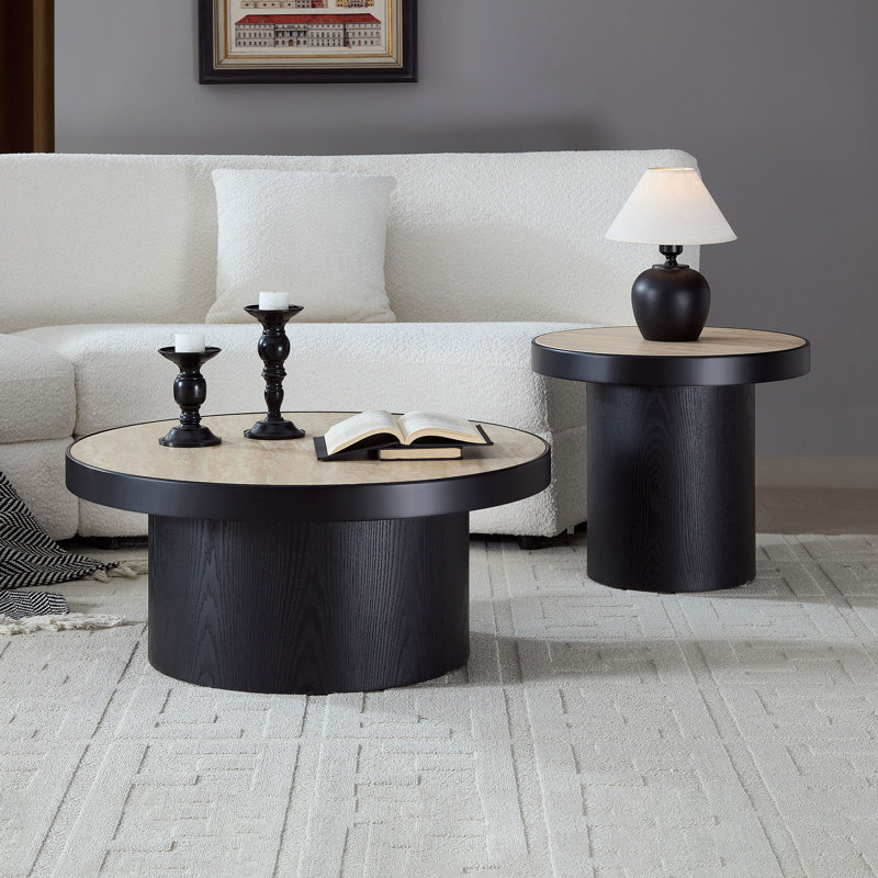 Ensemble de 2 tables basses rondes polyvalentes avec plateau en pierre frittée, Naturel