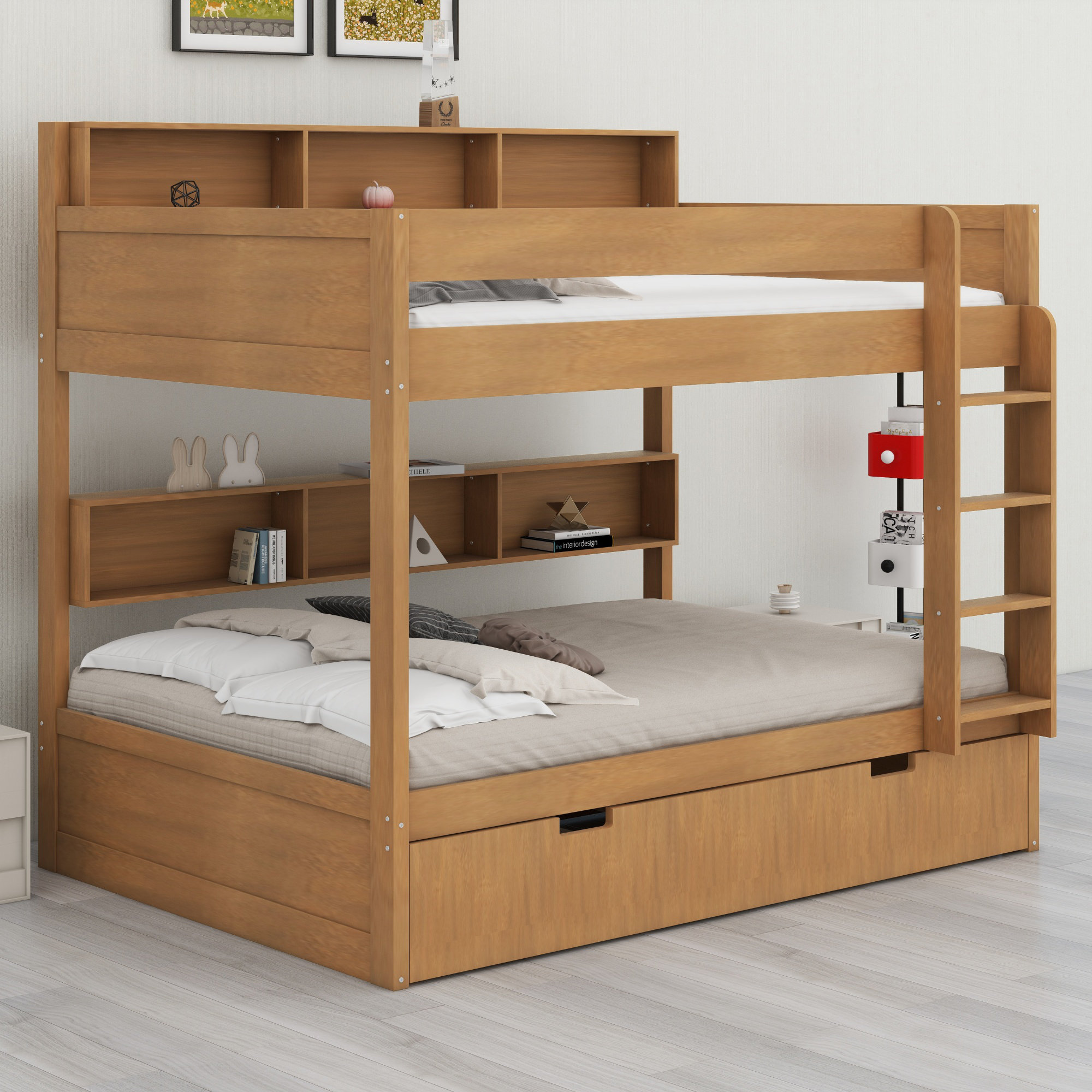Harriet Bee Sturdy Wood Bunk Bed Frame with Trundle and Shelves ...