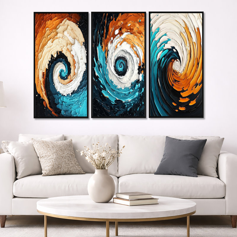 «Abstract Galactic Spiral Convergence» - Impression sur toile abstraite 3 pièces, Cadre flottant noir, H 32 po x l 48 po
